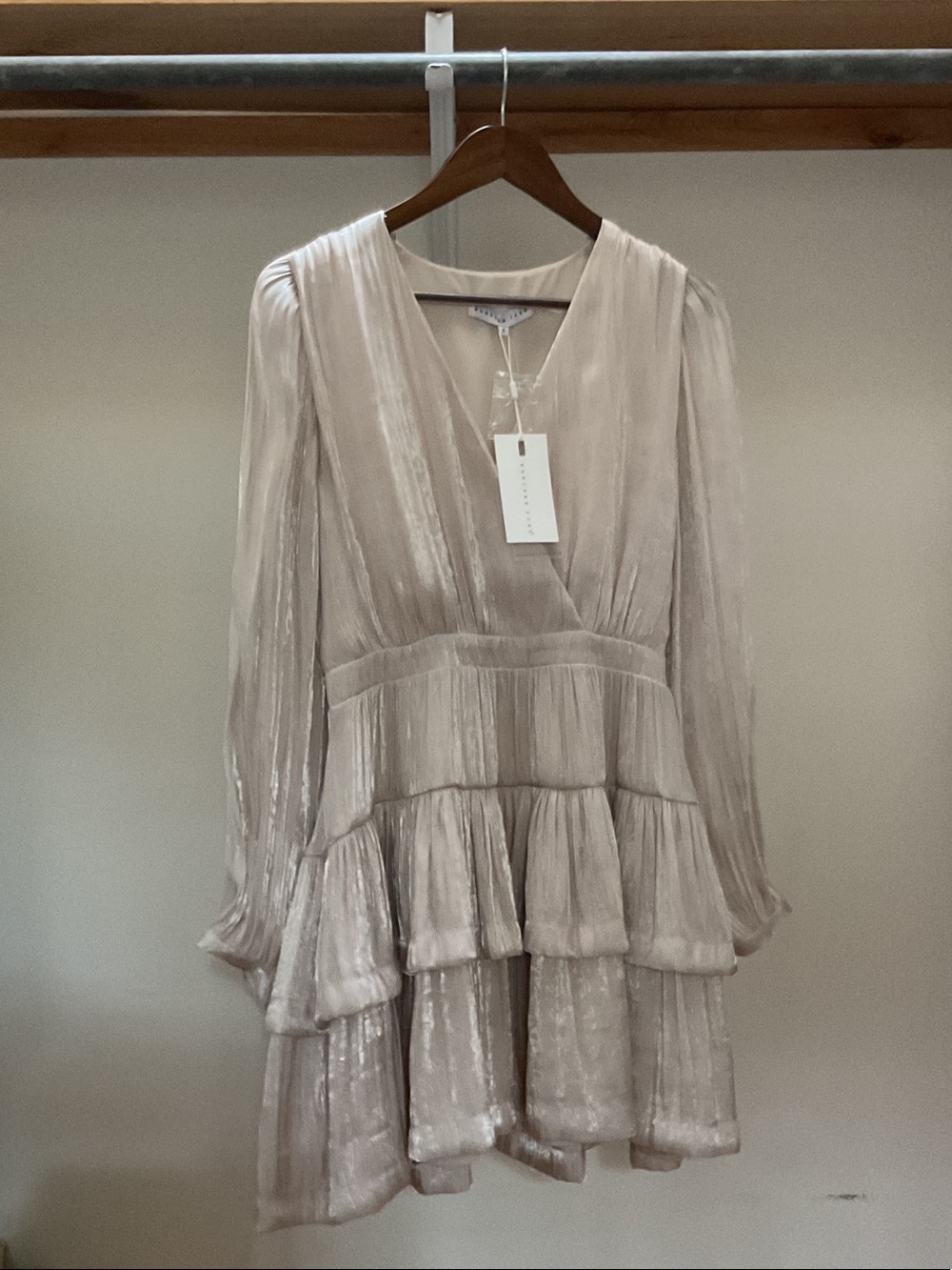 Endless Rose Shimmer Tiered V-Neck Long Sleeve Dress in Light Taupe